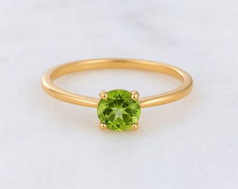 Dainty 14k Gold Peridot Ring, Minimalist August Birthstone