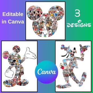 May include: Three Disney-themed designs are shown, including Mickey Mouse, Mickey Mouse head, and Goofy, each composed of multiple photos. The text "Editable in Canva" and "3 Designs" are also visible. A Canva logo is in the centre.