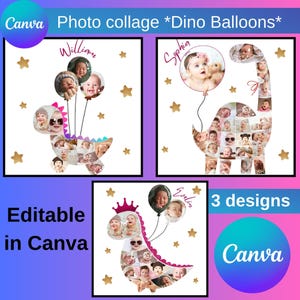 Dinosaur Photo Collage, Canva Template. Dino Balloon Picture Collage. Editable Dinosaur Birthday Gift. Personalized Baby Shower Decor.