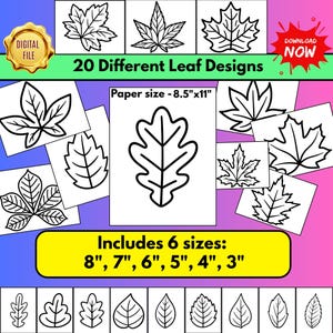 May include: A digital file containing 20 different black and white leaf designs. The image displays various leaf shapes, text stating 20 Different Leaf Designs, Paper size - 8.5"x11", and Includes 6 sizes: 8", 7", 6", 5", 4", 3".