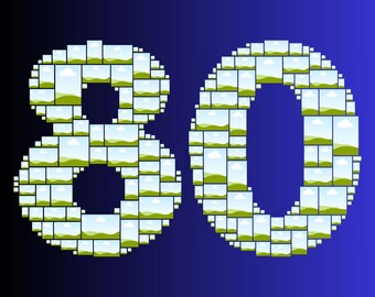 May include: The number 80 is formed by a mosaic of small rectangular images, each depicting a landscape with green rolling hills under a blue sky with white clouds. The entire composition is set against a dark blue gradient background.