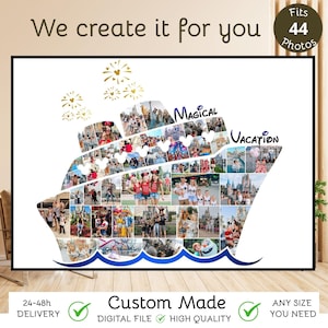 May include: A custom photo collage shaped like a cruise ship, featuring 44 individual photos of people at a theme park. The design includes gold firework icons, blue wave graphics at the bottom, and the text Magical Vacation in black script.