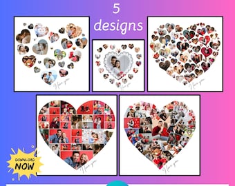 Modelli modificabili per collage di foto a forma di cuore su Canva / Regalo per coppie / Collage d'amore romantico_SKU_103