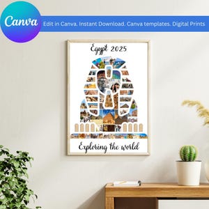 Puede incluir: Un collage de fotos blanco con una imagen de la Esfinge compuesta por fotos más pequeñas de Egipto. El texto "Egipto 2025" está en la parte superior del collage y "Explorar el mundo" está en la parte inferior.