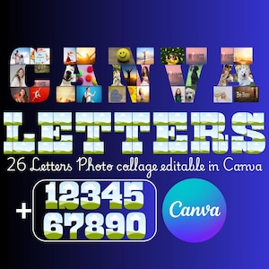 Colagem de fotos com alfabeto e números editáveis no Canva | Arte de parede digital personalizada de A a Z e 0 a 9 para decoração de casa e sala de aula