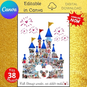 May include: A digital download featuring a castle-shaped photo collage with a Mickey Mouse head silhouette. The design includes blue castle towers with gold and red flags, and the text "Walt Disney's wonder, our child's smile". The design fits 38 photos.