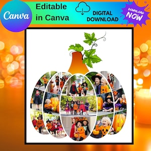 Può includere: Un design per il download digitale a forma di zucca con un collage di bambini in costume di Halloween. Il design include il testo "Editable in Canva" e "Digital Download Now". La zucca ha un gambo arancione e foglie verdi.
