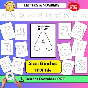May include: A digital file containing printable letters and numbers with outlines. The set includes individual pages featuring characters like A, Q, J, G, C, O, B, E, R, W, I, and 4, with a specified paper size of 21.59 cm by 27.94 cm and 20.32 cm characters.