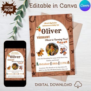 以下が含まれることがあります： 西部劇をテーマにした誕生日のデジタル招待状。 「Oliver」という名前、子供の写真、パーティーの日時が特徴です。 この招待状はCanvaで編集できるように設計されています。