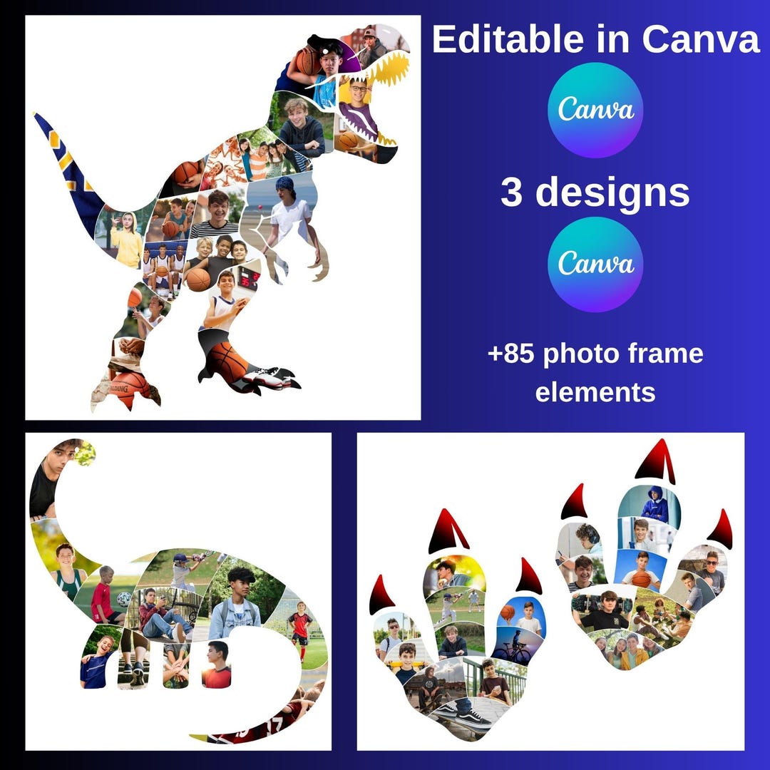 Dinosaur Photo Collage Template. Canva Editable, 3 Pack. Trex and