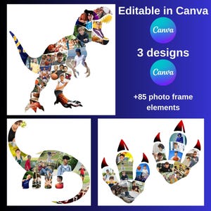 Kids Dinosaur Photo Collage Template for Canva | Personalized Dino Picture Frame | Editable Prehistoric Birthday Gift.  T-Rex & Friends
