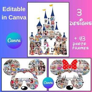 Könnte beinhalten: Ein digitales Design mit einer Schlosssilhouette, die mit Fotos gefüllt ist, dem Wort "LOVE" in Form eines Mickey Mouse-Kopfes und zwei Mickey- und Minnie Mouse-Kopfdesigns. Der Text "Editable in Canva" und "3 Designs + 43 Photo Frames" sind ebenfalls enthalten.