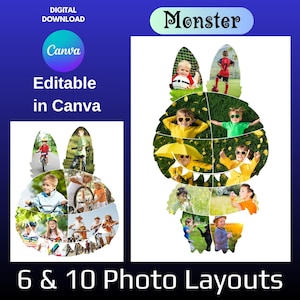 Könnte beinhalten: Digitaler Download-Grafik mit dem Wort "Monster" und dem Text "Editable in Canva". Das Bild zeigt zwei hasenförmige Fotocollagen mit Kinderfotos. Eine Collage hat 6 Foto-Layouts, die andere 10.