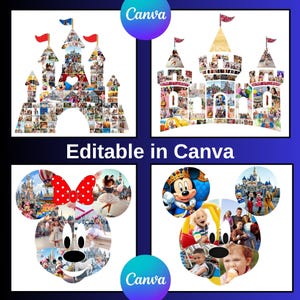Puede incluir: Cuatro collages de fotos con temática de Disney. Dos collages con forma de castillo y dos collages con forma de Mickey y Minnie Mouse. Se muestra el texto "Editable en Canva". El logotipo de Canva también es visible.