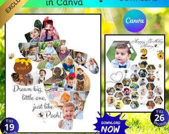 Bear & Honeycomb Photo Collage Template: Birthday Keepsake (Canva Editable)_SKU_067