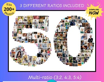 May include: A digital photo collage template shaped like the number 50, composed of numerous small individual photographs. The design includes text stating Print in any size, 3 DIFFERENT RATIOS INCLUDED, DOWNLOAD NOW, and Multi-ratio (3:2, 4:3, 5:4).