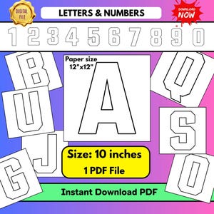 Puede incluir: Un archivo digital con letras y números imprimibles en fuente de bloque. El conjunto incluye caracteres del 1 al 0 y de la A a la Z. Cada carácter está en una página de 30,48cm x 30,48cm con un tamaño de 25,4cm. El texto dice LETTERS & NUMBERS y DOWNLOAD NOW.