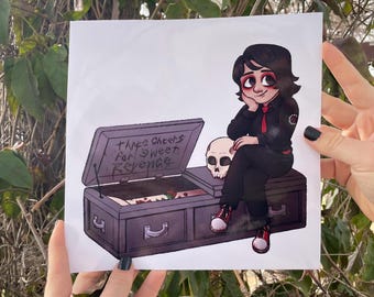 May include: A cartoon illustration of a person with black hair and red eyeliner sitting on a wooden coffin with the words "Three Cheers For Sweet Revenge" written on the lid. The coffin is open and there are red roses inside.