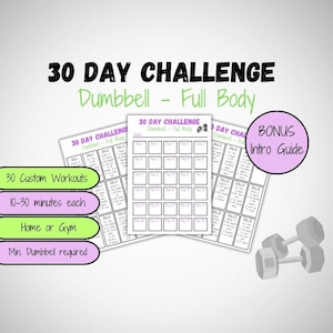 Op de afbeelding: Een printbare 30-daagse dumbbell workout challenge met een bonus intro-gids. De challenge omvat 30 aangepaste workouts, die elk 10-30 minuten duren en thuis of in de sportschool kunnen worden gedaan. Een minimale dumbbell is vereist.