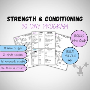 Op de afbeelding: Een 30-daags kracht- en conditioneringsprogramma met een bonus-inleidende gids. Het programma omvat dagelijkse trainingen met kracht- en conditioneringsoefeningen. Het programma is ontworpen om snel spieren op te bouwen. Het programma is geschikt voor trainingen thuis of in de sportschool. Elke trainingssessie duurt 60 minuten. Alle bewegingen zijn schaalbaar en vereisen een minimale dumbbell.