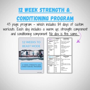May include: A 12-week strength and conditioning program guide with a cover image of people exercising. The guide includes 84 days of custom workouts, each day including a warm-up, strength component, and conditioning component. The text "12 Weeks to Beast Mode" is on the cover.