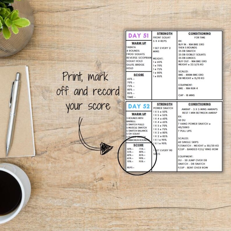 May include: Two printable workout schedules for Day 51 and Day 52. Each day includes a warm-up, strength training exercises, and conditioning exercises. The strength exercises include front squats, power snatch, and snatch pulls. The conditioning exercises include bike erg, AMRAP, and single skips. The scorecard includes percentages from 50% to 85% and corresponding reps.