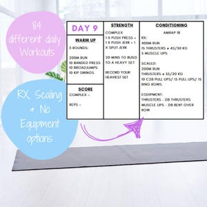 May include: A workout plan for day 9, with a warm-up, strength training, and conditioning exercises. The plan includes a complex of push press, push jerk, and split jerk, as well as thrusters, muscle ups, and ring rows. The plan also includes a score section for tracking progress.