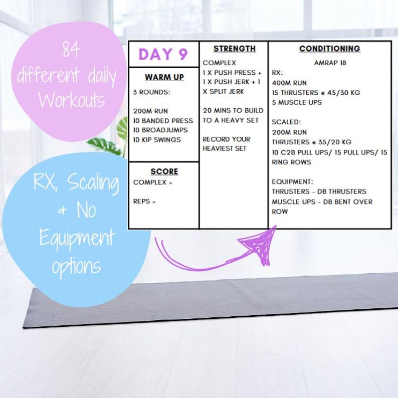 May include: A workout plan for day 9, with a warm-up, strength training, and conditioning exercises. The plan includes a complex of push press, push jerk, and split jerk, as well as thrusters, muscle ups, and ring rows. The plan also includes a score section for tracking progress.