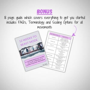May include: A pink and white guide titled "12 Weeks to Beast Mode: A Comprehensive Guide to Our Strength & Conditioning Program". The guide includes a table with "Prescribed Movement" and "Scaled Options" for various exercises.