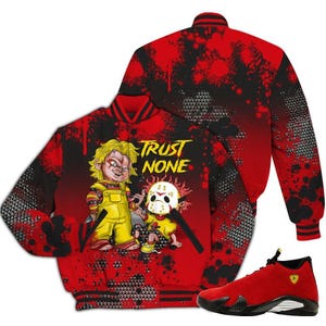 Dunkare Jacket To Match Ferrari 14s Challenge Red, Trust No One Scary Varsity Jacket, Challenge Red Letterman Jackets