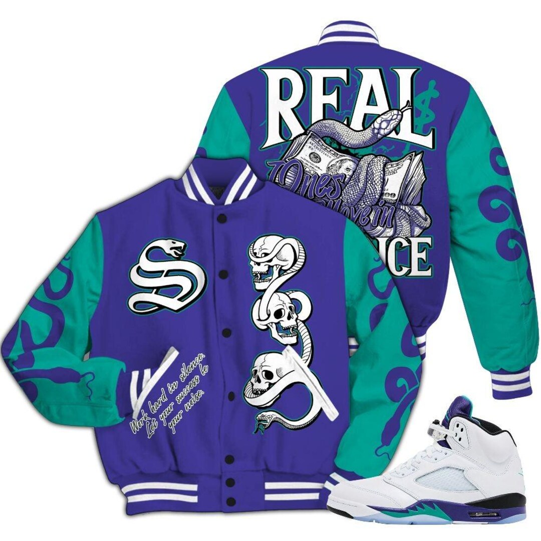 Jacket Image R Moving Image Jacket to Match Retro Grape 5s - Snake Move in Silence Varsity Jacket ...