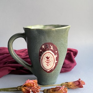 Handmade Ceramic Mug with Flower Medallion: Green Ceramic Coffee Cup