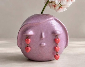 RESERVED! Handmade Pink Ceramic Face Vase with Heart Earrings, One of a Kind Art Decor