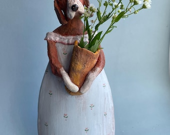 Handmade Ceramic Beagle Vase, Sculptural Dog Pottery, Floral Home Decor