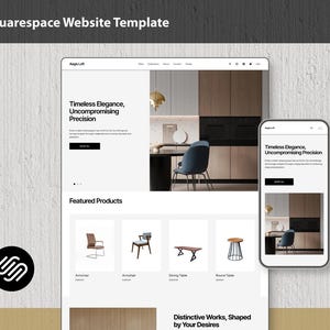 May include: A website template displayed on a tablet and smartphone. The website features a clean, modern design with images of furniture. The text on the screen reads "Timeless Elegance, Uncompromising Precision" and "Featured Products."