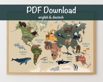 World map with animals – illustration of the continents | Animal world poster | Children's room decoration wall picture | A2 | A3 | A4 | digital download