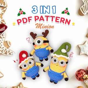Combo 3 in 1 Minions No Sew Crochet Pattern, No Sew Amigurumi Crochet Patterns, Trendy Christmas No Sew Crochet Pattern, Digital Download