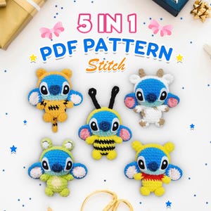Combo 5 in 1 Stitch Cosplay No Sew Crochet Pattern, No Sew Amigurumi Crochet Patterns, Cute Animals No Sew Crochet Pattern, Digital Download