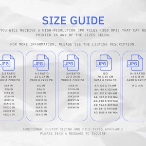 Puede incluir: Gr&aacute;fico de gu&iacute;a de tallas con el texto "SIZE GUIDE" y varias relaciones de aspecto y tama&ntilde;os, incluyendo 91 x 61 cm, 81 x 61 cm, 76 x 61 cm y 36 x 28 cm. El gr&aacute;fico tambi&eacute;n incluye tama&ntilde;os ISO.