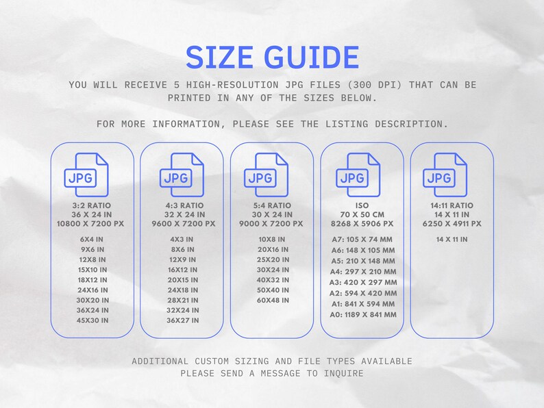 Puede incluir: Gr&aacute;fico de gu&iacute;a de tallas con el texto "SIZE GUIDE" y varias relaciones de aspecto y tama&ntilde;os, incluyendo 91 x 61 cm, 81 x 61 cm, 76 x 61 cm y 36 x 28 cm. El gr&aacute;fico tambi&eacute;n incluye tama&ntilde;os ISO.