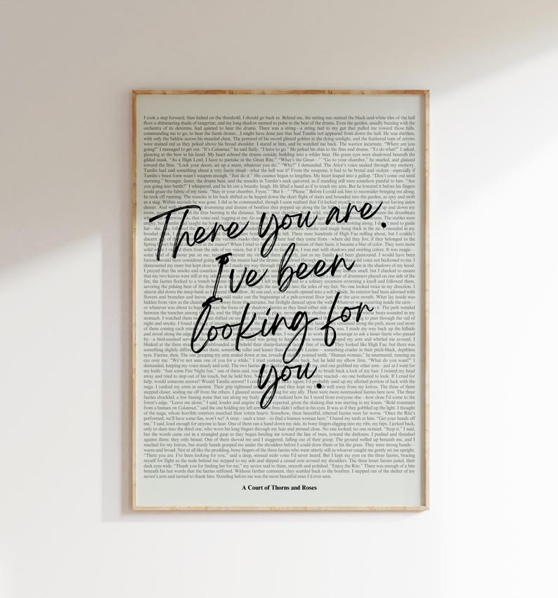 May include: A framed print with a light wood-colored frame. The print features a background of printed text with the words "There you are. I've been looking for you" in a cursive font. The text "A Court of Thorns and Roses" is at the bottom.