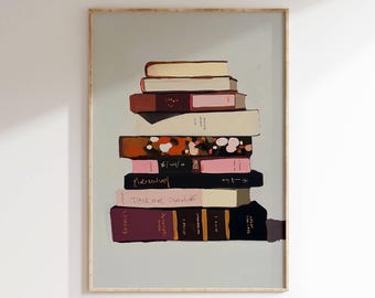 Impresión de arte libresco, pintura de pila de libros, arte de pared de libros, decoración de pared imprimible, impresión de amante de los libros, impresión de arte de lector, póster de libros
