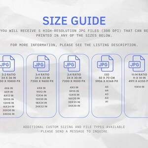 May include: A size guide for digital prints, showing different aspect ratios and sizes in inches and pixels. The guide also includes ISO paper sizes in centimetres and inches. The text reads "You will receive 5 high-resolution JPG files (300 DPI) that can be printed in any of the sizes below. For more information, please see the listing description. Additional custom sizing and file types available. Please send a message to inquire."
