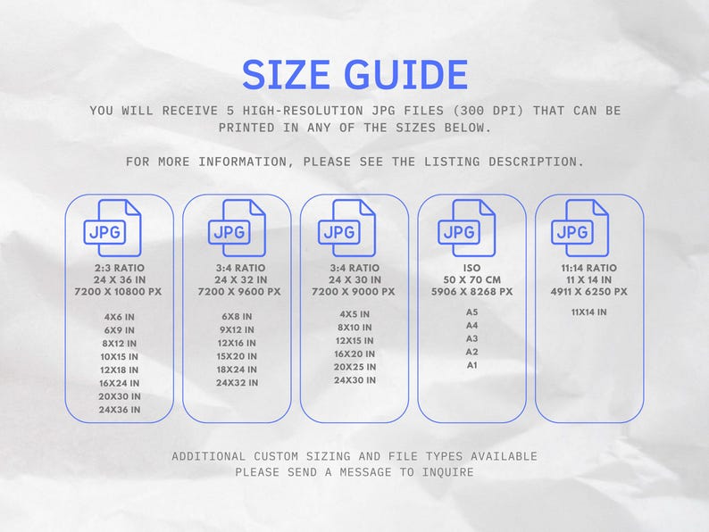 May include: A size guide for digital prints, showing different aspect ratios and sizes in inches and pixels. The guide also includes ISO paper sizes in centimetres and inches. The text reads "You will receive 5 high-resolution JPG files (300 DPI) that can be printed in any of the sizes below. For more information, please see the listing description. Additional custom sizing and file types available. Please send a message to inquire."