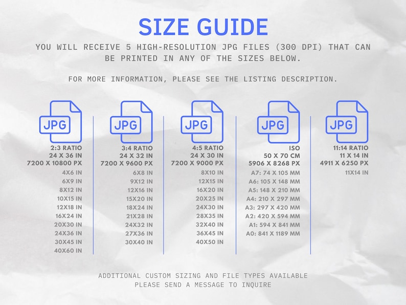 May include: Size guide graphic with blue text on a textured background. Includes ratios like 2:3, 3:4, and 4:5, with corresponding inch measurements for print sizes. Also shows ISO sizes in centimeters and a 11x14 inch option.