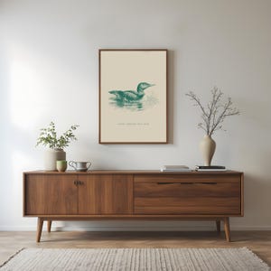 May include: A framed print featuring a teal illustration of a loon swimming on water. The artwork is set against a cream background and framed in a dark wood. The text "STUDIO CANADIAN WILD BIRD" is printed below the image. The print hangs above a mid-century modern wooden cabinet.