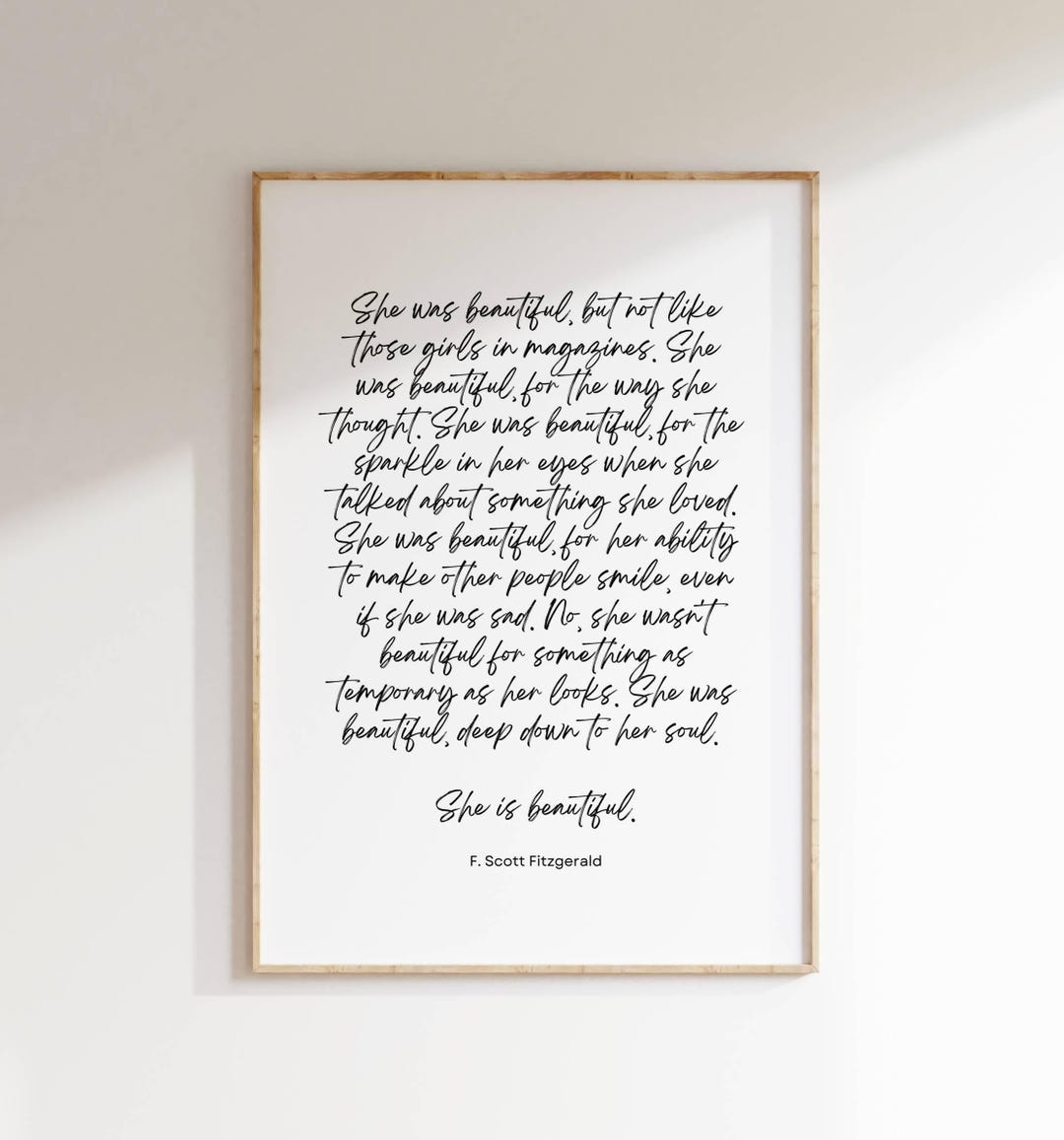 She Is Beautiful She is Beautiful Wall Art, F Scott Fitzgerald Quote, Inspirational ...