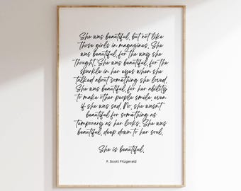 She Is Beautiful Wall Art, F Scott Fitzgerald Quote, Inspirational Quote, Fitzgerald Print, Digital Download, Printable