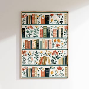 Botanische Bücherregal Muster Wandkunst | Skurrile Blumen Buch Gestaltung | Vintage-inspirierte Pastellfarben Digitaler Download