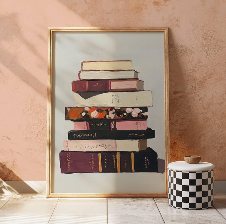 May include: A painting depicting a stack of books with various coloured covers. The books are arranged in a pyramid shape, with the largest book at the bottom and the smallest book at the top. The books are all different sizes and shapes, and they have a variety of different titles and authors. The painting is executed in a realistic style, and it captures the beauty of books and the pleasure of reading.